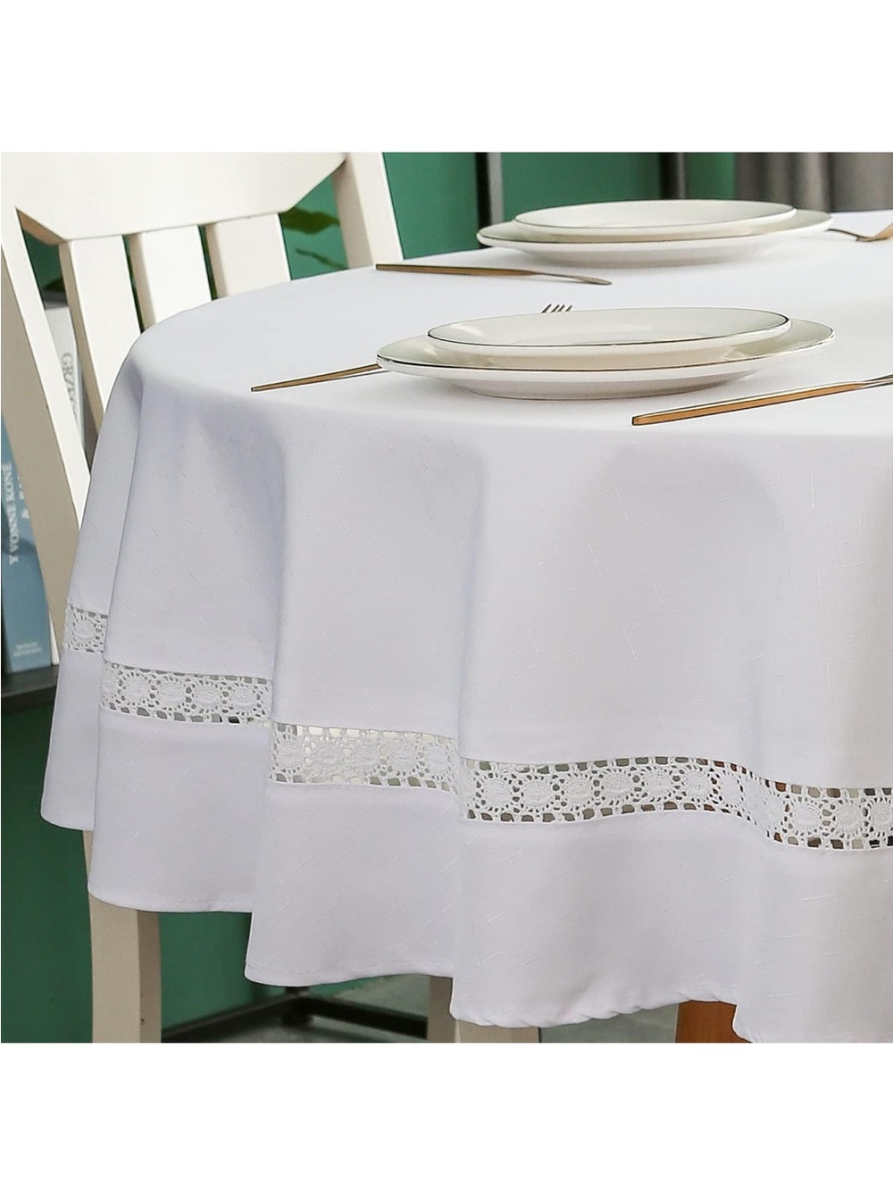 NEW EHouseHome Heavy Duty Fabric Tablecloth with White Lace, 60” round